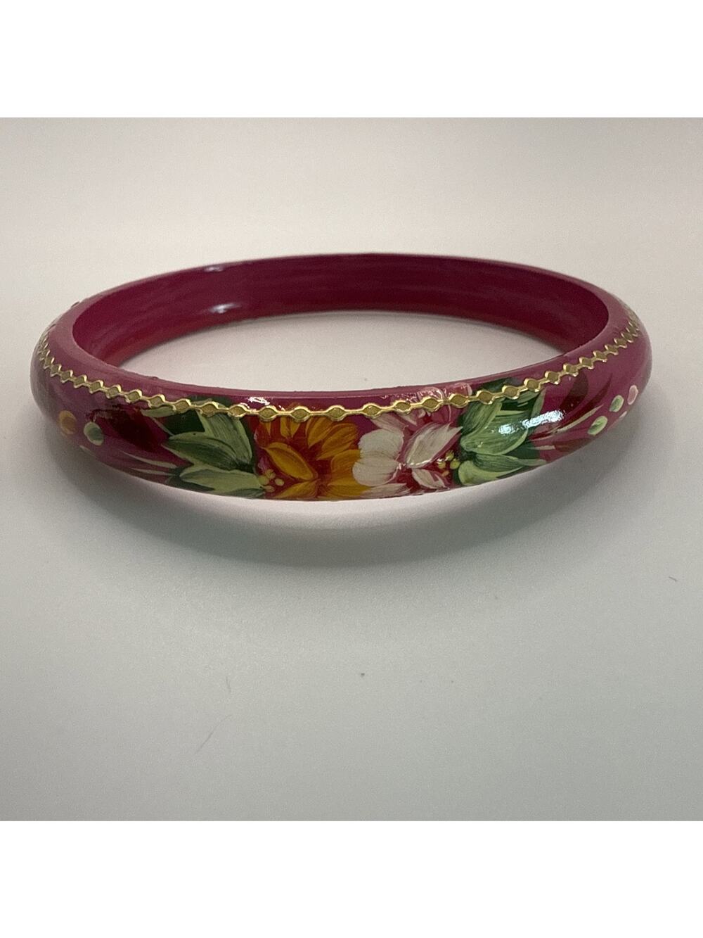 Russian Handpainted Floral with Gold Trim Pink Wooden Bangle Bracelet